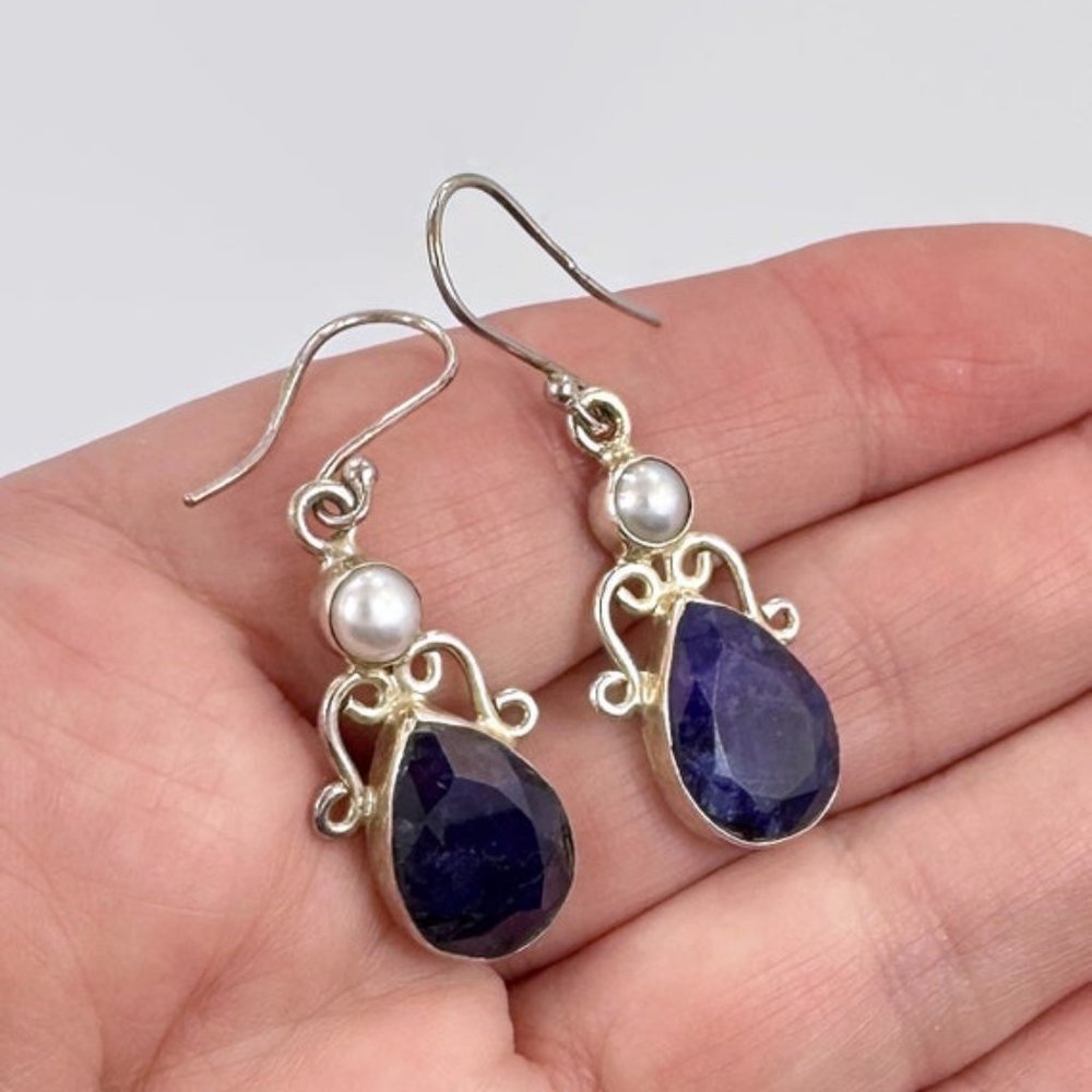 Spinel Earrings, Pearl, Sterling Silver, Pierced, Blue Stone, Dangle Earrings - Picture 2 of 4